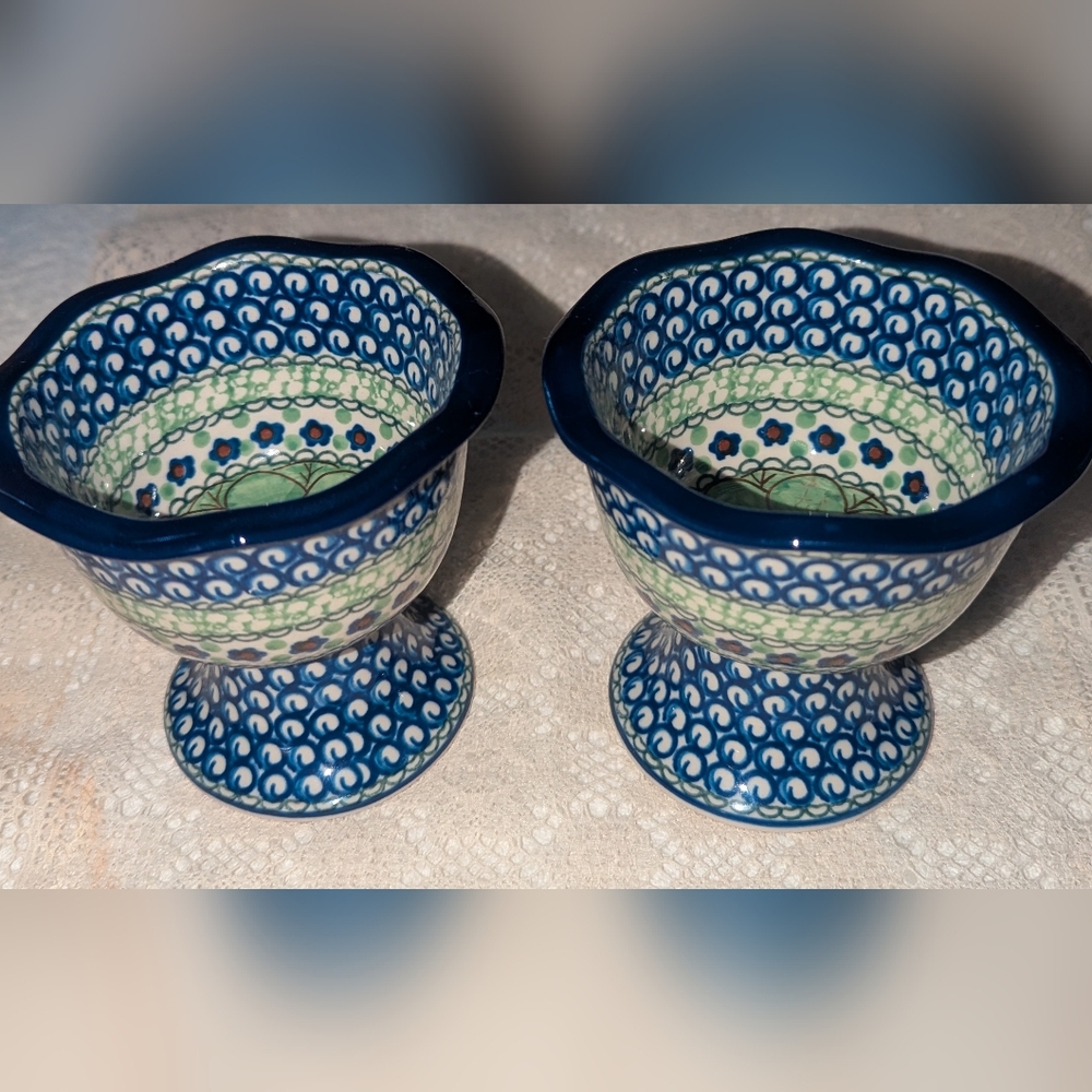 Artistic Ceramics Blue and Green Polish Footed dessert Bowls In Green Poppies .
